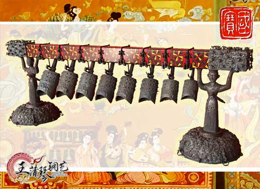 8件古編鐘，銅人銅座裝飾，可發(fā)音